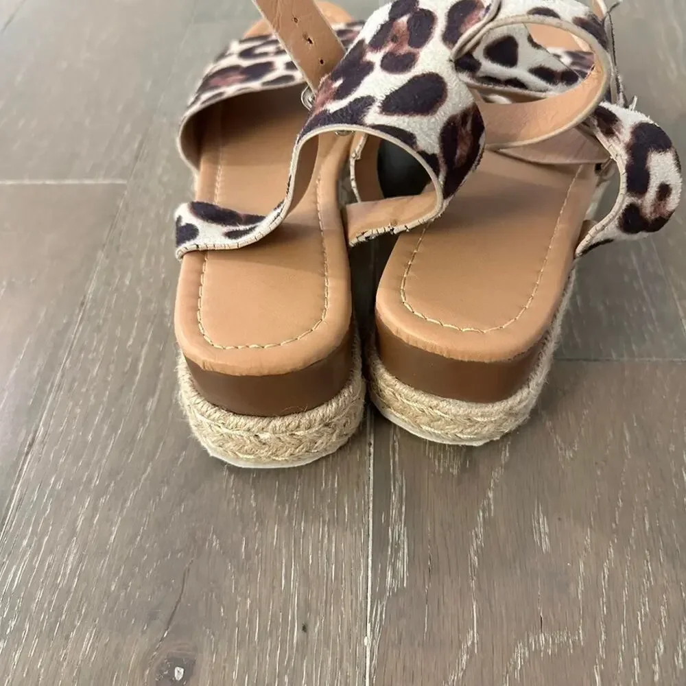 Cheetah open toe ankle strap espadrille sandals flat low platform women 8.5 shoe